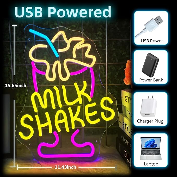 Milk Shakes Neon Sign Ice Cream Neon Signs for Wall Decor, Colorful LED Neon Lights for Dessert Shops Restaurants Bars with USB Power & Light-Up Signs