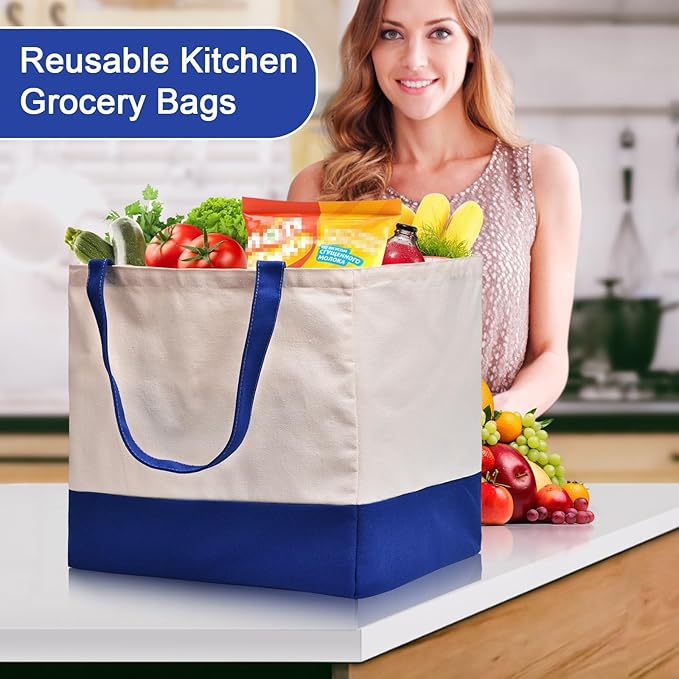 Canvas Reusable Grocery Bags Heavy Duty, 8.3 gal Foldable Large Tote Bag with Handles, Holds 60 lbs Canvas Shopping Bags, 1 Pack