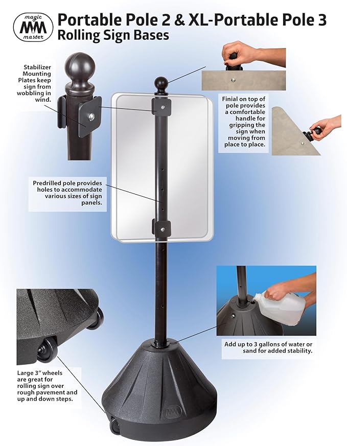Tip-n-Roll Portable Pole 2 Sign Holder | 18"w x 12"h Wheeled Base | Red base | 48”h Pole (PP2-RED)