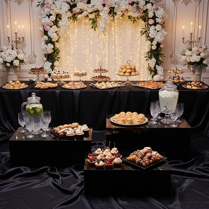 3 Pack Extra Large Acrylic Buffet Risers - 15”, 14”, 13” Black Display Stands with Hollow Bottoms, Cube Riser Boxes Nesting for Dessert Food Catering Buffet Display Party Supplies