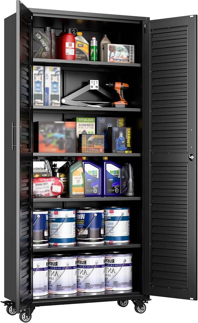 Aobabo Metal Storage Cabinet with Wheels, Locking Steel Storage Cabinet with 5 Shelves,15.75" D x 31.5" W x 71" H, for Garage School Office, Black