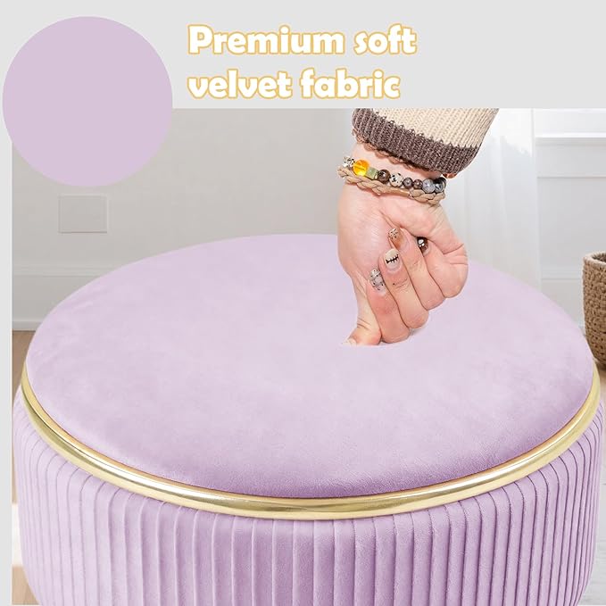 Adjustable Vanity Stool with Storage, 360° Swivel Makeup Stool Chair Small Velvet Round Ottoman with Gold Base for Bedroom (Purple)