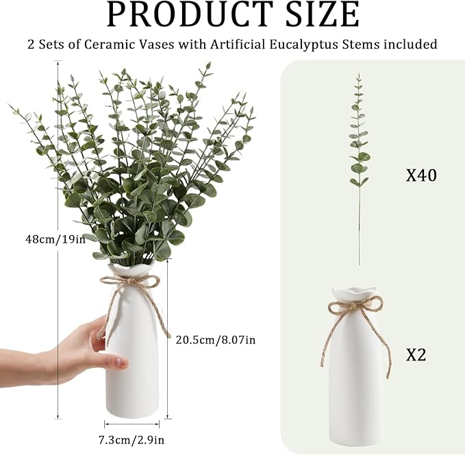 19" Fake Plants with Vase,40 Faux Eucalyptus Stems 2 White Ceramic Vases Realistic Artificial Plants indoor Artificial Greenery Stems in Vases for Centerpieces Bathroom Bedroom Modern Farmhouse Decor