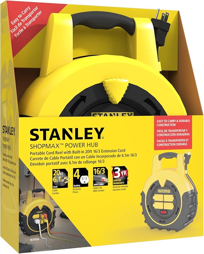 STANLEY Retractable Extension Cord Reel 20ft Portable 4 Outlet Cord Reel with On Off Switch 16/3 AWG Power Cable for Garage and Workshop ETL Listed