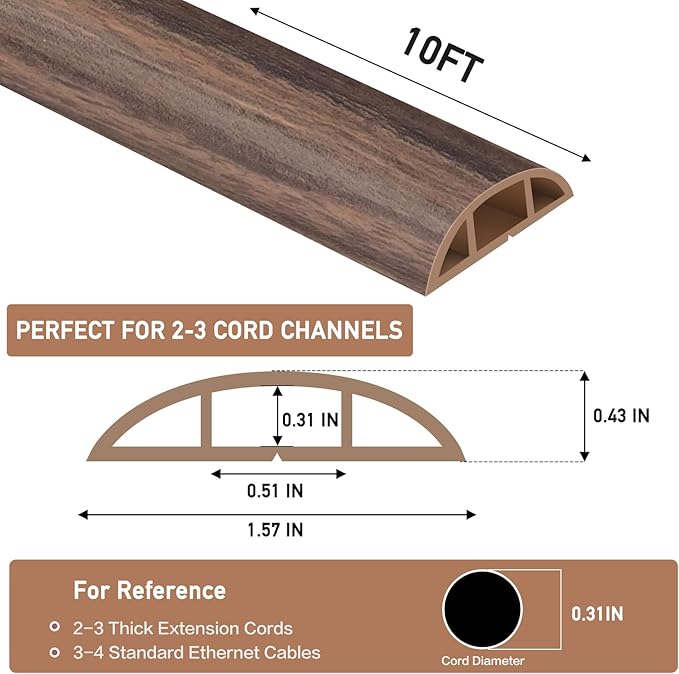 Floor Cord Cover Self Adhesive Cord Hider Floor Extension Cord Covers for Floor Power Cord Protector Cable Management Prevent Cable Trips Cable Cavity 0.51" W x 0.31" H (Smoked Brown Wood, 10Ft)