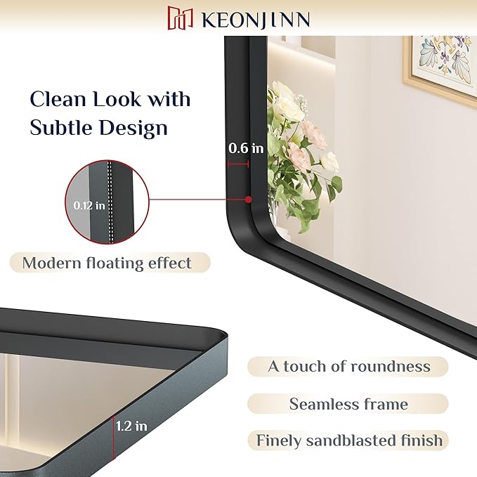 Keonjinn Black Bathroom Mirror - 55 x 30 Inch Large Metal Framed Wall Mirror, HD Tempered Glass, Modern Decorative Mirror (Horizontal/Vertical)