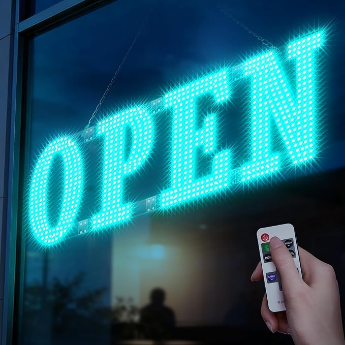 Large LED Open Signs for Buiness with 13 Scene Modes, 40" x 14" Unique Design Ice Blue Open Sign for Business Hour Open Sign for Window Stores Retail and Restaurant