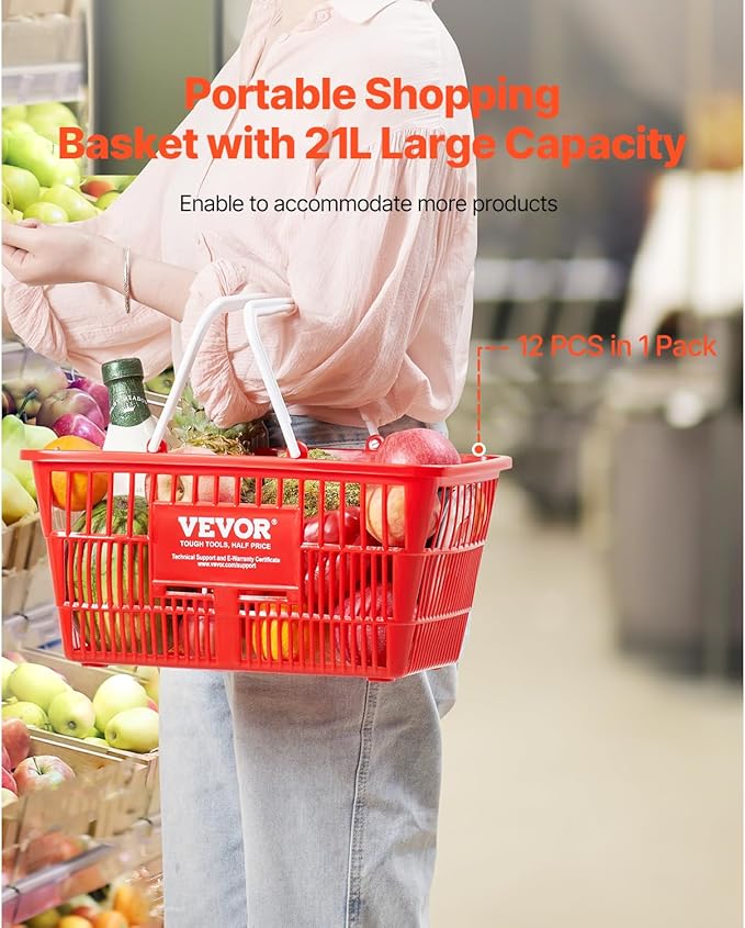 VEVOR 12 PCS Red Plastic Grocery Basket, 16.5 x 11.8 x 8.27 inch Rectangular, 21L Capacity, Modern Style, No Lid, PE Material, Ideal for Supermarket, Shopping Center, Convenience Store