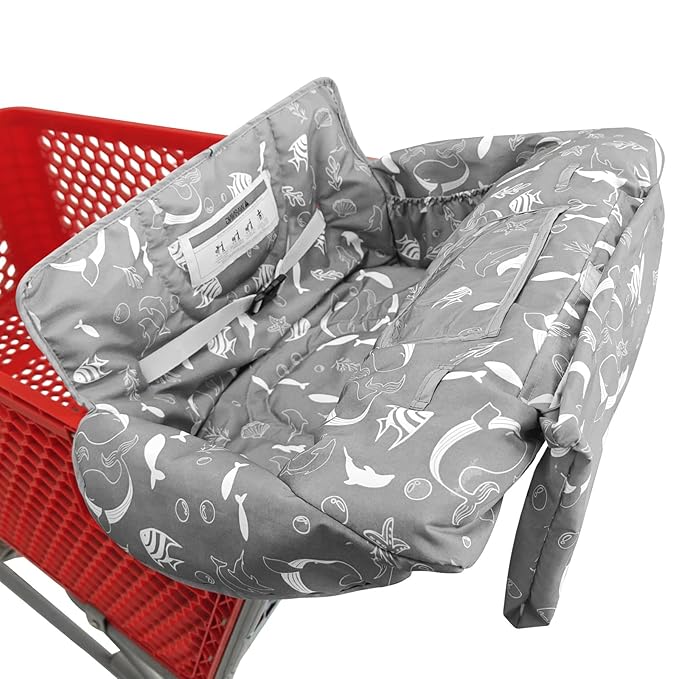 2-in-1 Shopping Cart and High Chair Cover for Baby, Padded Cover, Fold'n Roll Style, Portable with Carry Bag (Gray Seaworld)