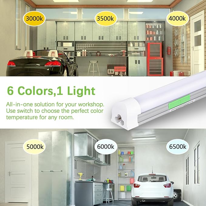 6 Pack 4FT Led Shop Lights,30W 3900LM 3000-6500K Tunable,T8 Tube Light with 6CCT,Milky Cover Linkable Fixture Lights for Workshop,Warehouse,Garage,Shop,Barn