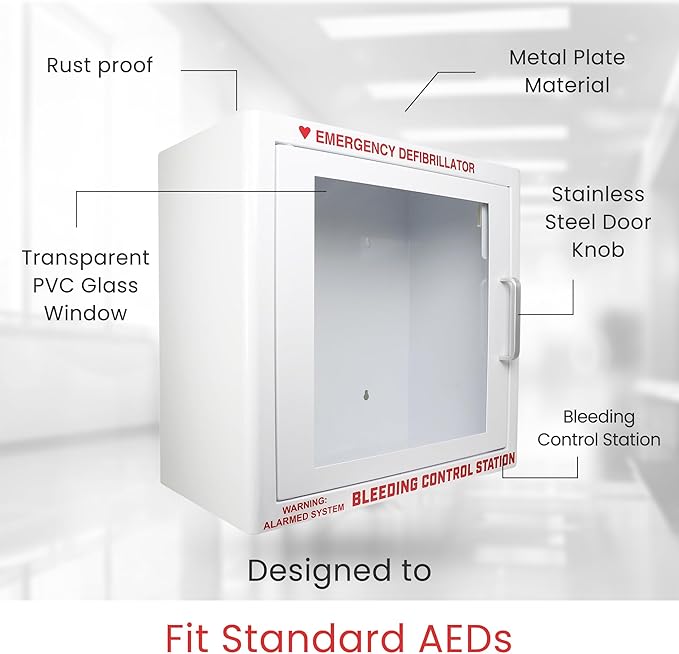 AED Defibrillator Wall Mounted Cabinet with Bleeding Control Kit Storage, 20-Gauge Steel, Large 17.4x17.3x6.9 Inch, Durable Metal Cabinet with Clear Window & Door Activated Alarm–Fits All AED Brands
