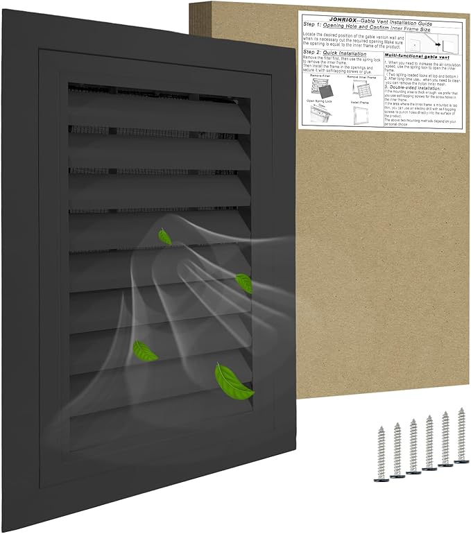 12"*18" Gable Vent,Aluminum Alloy Wall Vent Shed Vents,with Removable Strainer and 180 Degree Opening Angle.Ideal for Attic,Shed,Garage,Play House,Coop.[Inside Dimensions:9.5" w X 15" h]-Black 2 Pack