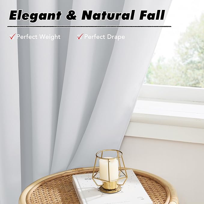 KGORGE 54 inch Curtains 2 Panel Set, Privacy Solid Thermal Insulated Bathroom Curtains Noise Reducing Room Darkening Drapes for Bedroom Living Room, Back Tab, W52 x L54 inches, Greyish White