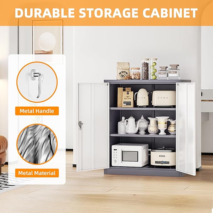 INTERGREAT Metal Garage Storage Cabinet, 36" Lockable Storage Cabinet with 2 Doors and 2 Adjustable Shelves, Steel Grey White File Cabinet Great for Home Office, Garage, Warehouse, Study Room
