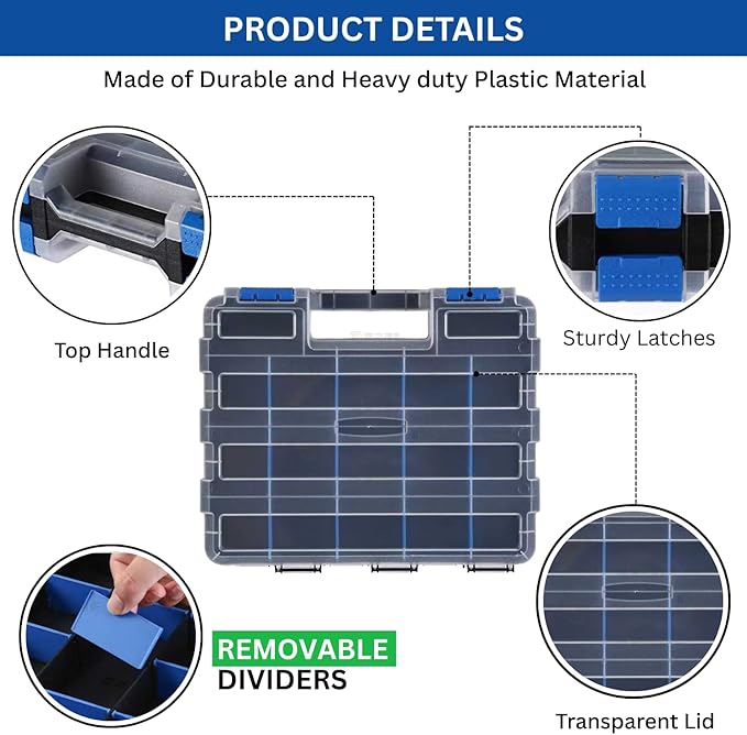 Andalus Tools Organizer Box, Small Parts Storage 34-Compartment Double-Sided Portable Hardware Organizer Removable Plastic Dividers for Screws, Nuts, Bolts, Nails – Blue (2 Pack, 12.5" x 10.5" x 3")