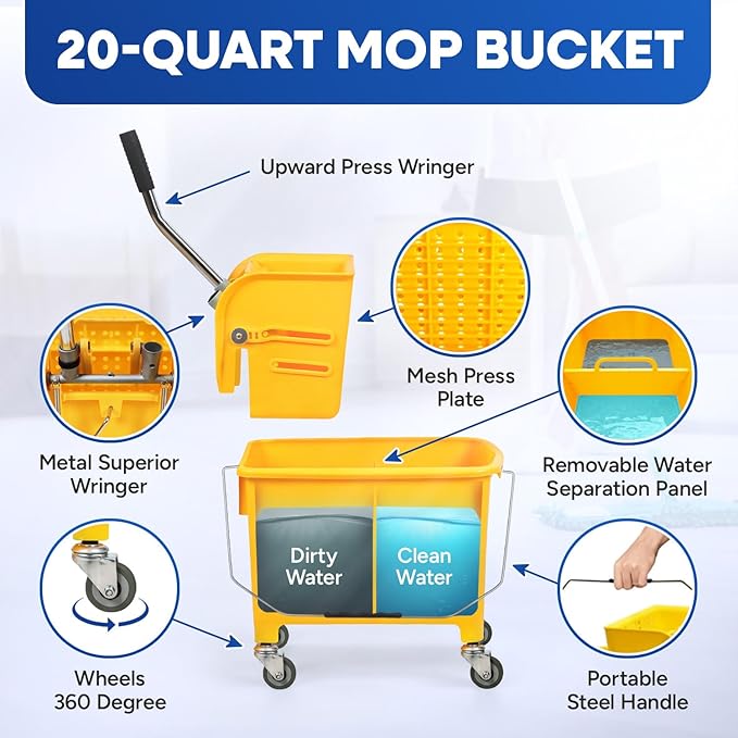Mop Bucket with Wringer on Wheels Small 5 Gallon, Heavy Duty Dual Chamber Industrial Mop Bucket Separate Dirty Water, Perfect for Business Household, 20 Quart Yellow