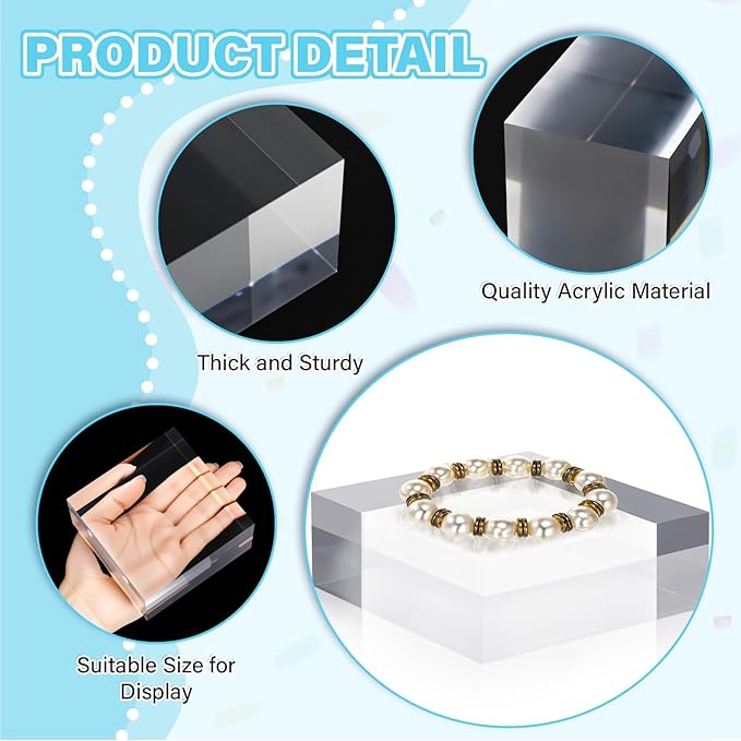 Qunclay 4 Pcs 4 x 4 x 2 Inches Acrylic Square Display Block Clear Polished Acrylic Cubes Jewelry Display Stand for Jewelry Ring Showcase Holder Base Collections