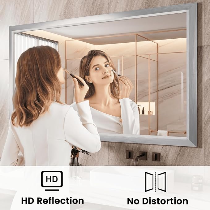 Amorho Bathroom Mirror, 48x40 Inch Silver Thick Metal Framed Wall Mirrors for Over Sink, Brushed Nickel Mirror Perfect for Bedroom, Living Room, Entryway, Rectangle (Horizontal/Vertical).