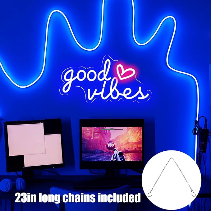 Blue Good Vibes Neon Signs for Wall Decor, Room Decor Aesthetic Good Vibes Neon Light Blue, USB Powered Game LED Sign for Bedroom, Gamer Light up Sign for Christmas Teen Boys Girls Men Cave