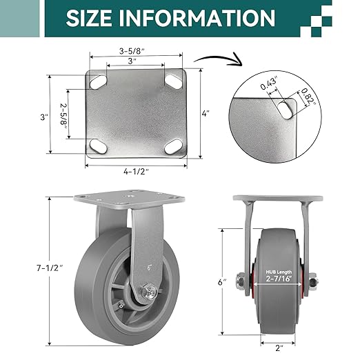 6'' × 2'' Caster Wheels, Heavy Duty Industrial Casters Set of 4 Rubber Wheels, Load 3600lbs Capacity, Casters for Cart Dolly Toolbox Trolley (4 Rigid)