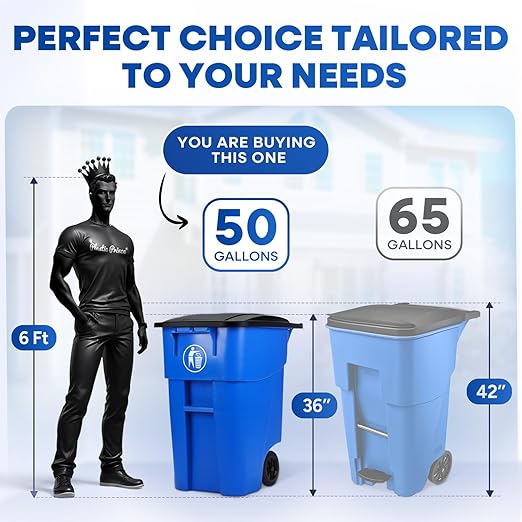 50 Gallon Trash Can, Blue Outdoor Garbage Can, Wheeled Outside Recycling Bin, Outdoor Trash Can with Lid and Wheels, Large Rolling Waste Container for Home, Office, Garage