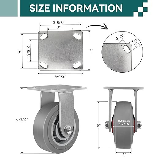 5'' × 2'' Caster Wheels, Heavy Duty Industrial Casters, Rubber Wheels with Roller Bearing, Load 700lbs per Swivel Caster for Cart Dolly Toolbox Trolley (2 Rigid)
