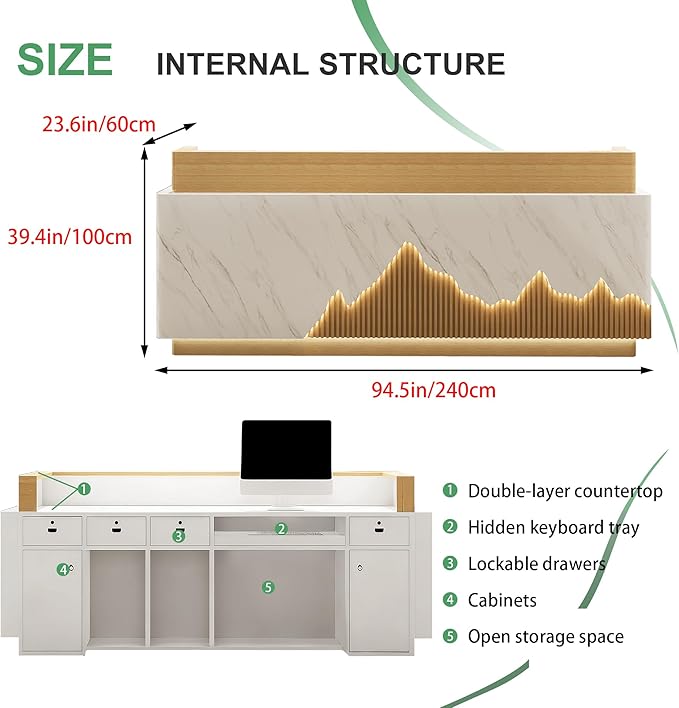 Modern Reception Desk with Counter Front Reception Table with Hidden LED Lighting Commercial Receptionist Desk Wood and White Checkout Counter Fully Assembled and Ready to Use 94inch