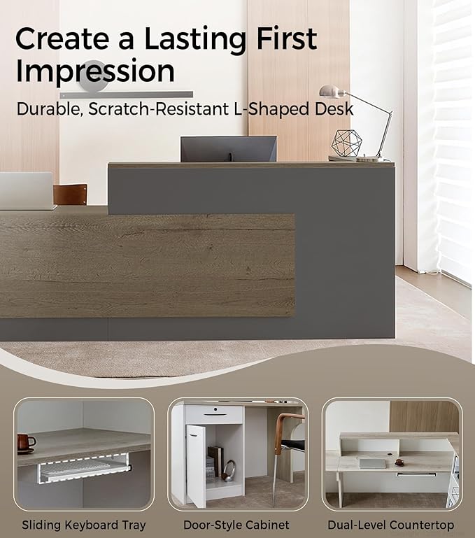 Modern L-Shaped Reception Desk with Counter - 79 inch Front Desk Reception Counter with Open Shelves, Lockable Drawer & Keyboard Tray for Office, Lobby, Checkout (Tobacco Wood + Iron Gray - Right)