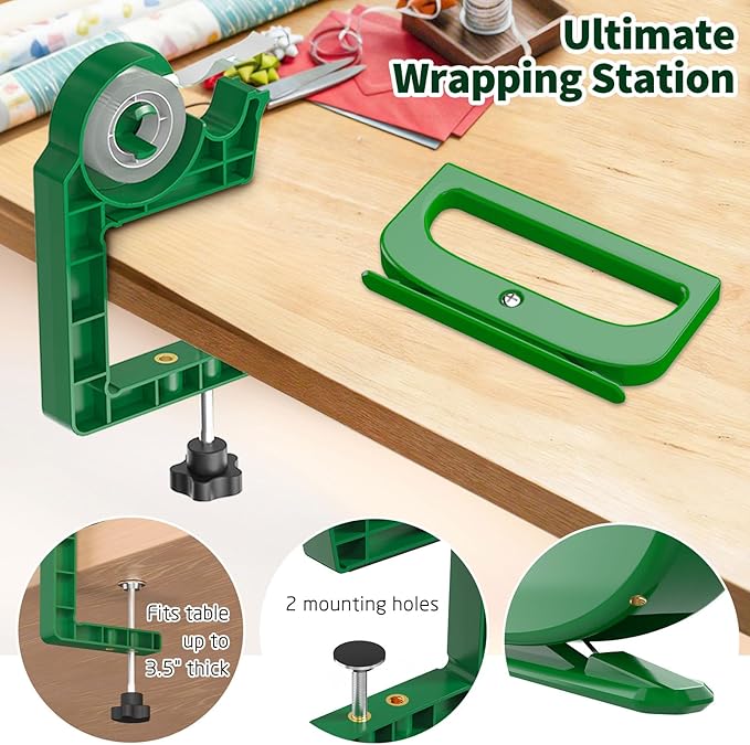 Tabletop Gift Wrapping Tool with Tape Dispenser & Cutter–2 Pack Adjustable Wrapping Paper Table Clamps with 2 Tapes–Perfect for Christmas, Holidays, and Crafting