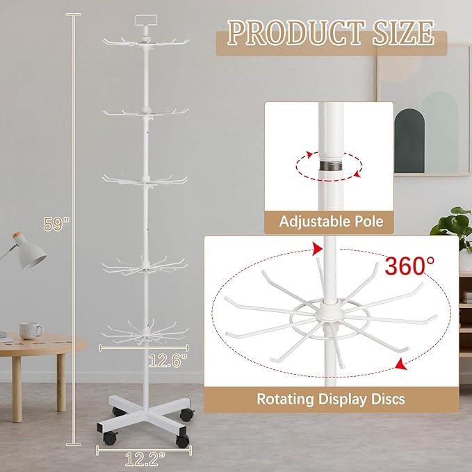 5-Tier Metal Spinning Display Stand Rack with Wheels, Keychain Jewelry Stocking Hat Display Stand, White