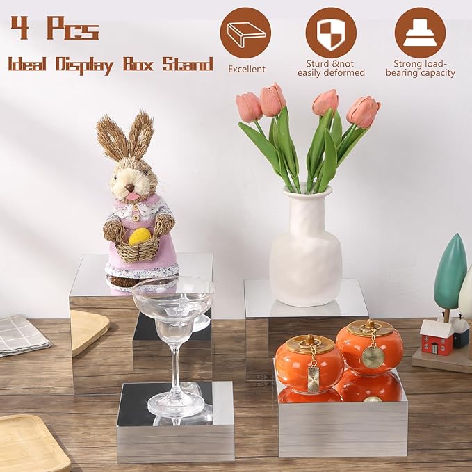 Silver Display Stands, 4 Pack Acrylic Risers Display Stand-2" 3" 4" 6", Handmade Mirror Box Display, Buffet Risers, Food Stands, Purse Jewelry Figures Product Display Riser for Retail Vendor