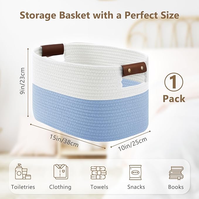 Cotton Rope Basket, Storage Baskets with Handle, 15x10x9 Inch Woven Basket for Shelves, Laundry, Towels, Clothes, Books (White/Blue 1Pack)