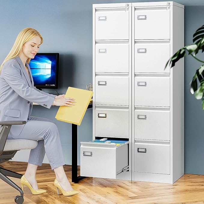 5 Drawer File Cabinet with Lock, Metal Filing Cabinets for Home Office, Vertical White Locking File Caninet, Steel Narrow Five Drawer File Cabnet for Letter/Legal / A4 / B4- Assembly Required