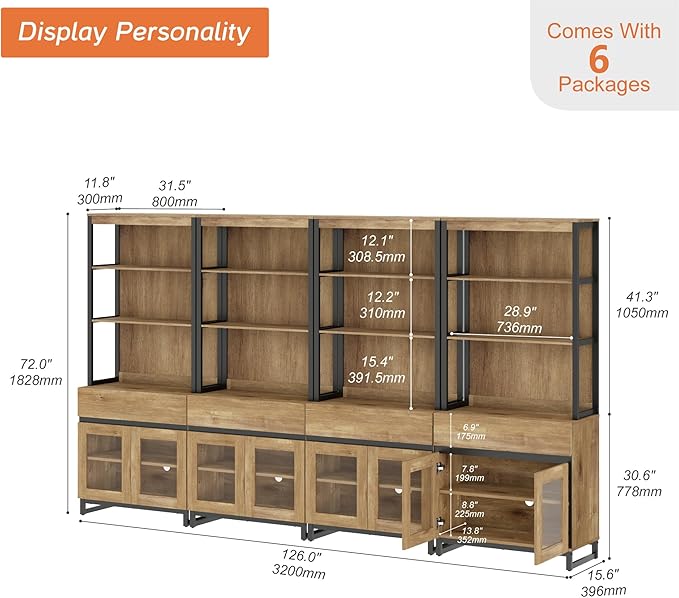 WAMPAT 4 PCS Modern 72" Tall Bookcase with 4 Drawers and Open Book Shelfs, Library Book Shelf with Storage Cabinet and Glass Doors, Wood Freestanding Bookshelves for Home Office, Living Room, Oak