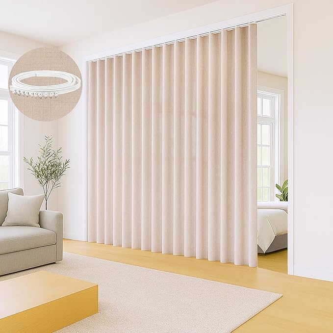 Faux Linen Semi Sheer 1 Panel Room Divider Curtain with Flexible Tracks, Extra Wide Light Filtering Privacy Curtains for Patio Sliding Glass Door, Room Divider Drapes for Living Room, Beige, W100xL84