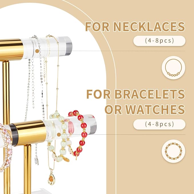 Necklace Holder Bracelet Holder, 2-Tier Acrylic Jewelry Display Stand Gold Jewelry Tower Stand Crystal T Bar Jewelry Organizer Gift for Women(2-Tier 1pc)