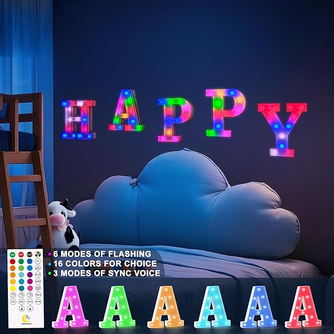 mooncow Rechargeable Light Up Letters,Colorful Marquee Letters with Remote,Gift Wrap Gifts,Bedroom Home Bar Party Decor (O)