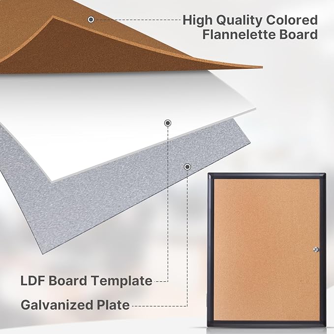 Enclosed Bulletin Board 20x26 Inch Indoor Outdoor Tamper-Proof Cork Wall-Mounted Notice Board with Rust-Resistant Aluminum Frame & Lock for Hospital, Restaurant Kitchen, Office (Black Frame)
