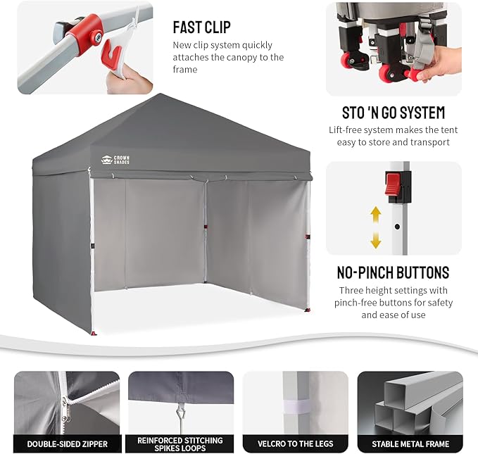 CROWN SHADES 10X10 Comercial Instant Canopy Pop Up Tent with Center Lock, 300D Fabric, 4 Sidewalls, Sto'N Go Bag, Grey