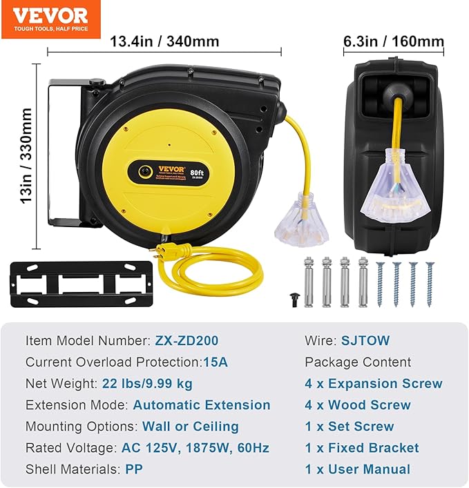 VEVOR 80FT Retractable Extension Cord Reel, 12AWG/3C SJTOW Heavy Duty Power Cord w/Lighted Electrical Triple Tap Outlets, 15A Circuit Breaker,180° Swivel Bracket for Workshop or Garage, Yellow