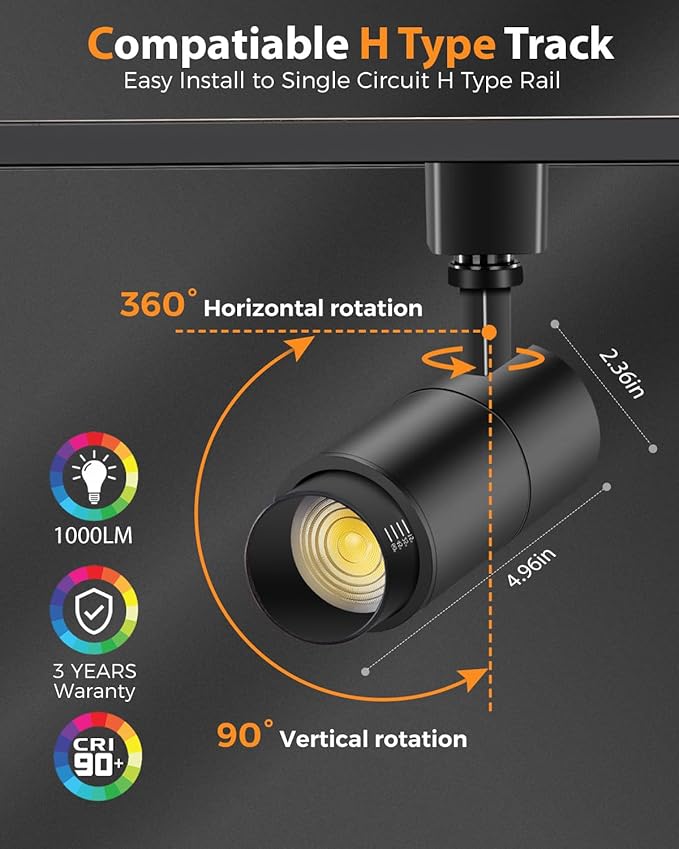 VANoopee 3-Color Zoomable 6 Light LED Track Lighting Kit with 6.6FT H Type Track Lighting Rail, LED Track Light Heads Dimmable Modern Kitchen Track Lighting Fixtures Ceiling Spotlight 10W 1000lm Black