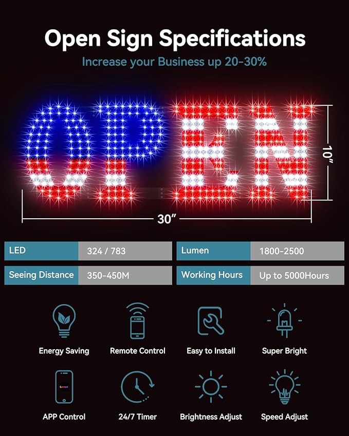 Open Sign for Business, 30"x10" Jumbo Open Sign with Timer and Remote Control, Dynamic Light Modes Led Signs for Storefront Window Bar Salon Cafes Retail Shops US Flag