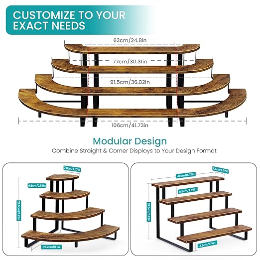 ELITEROO Wooden Display Stand, Tiered Display Riser with Metal Frame for Perfume Cupcakes Collectibles, Tabletop Retail Display Shelves Rack for Vendors Craft Show, Corner Curved