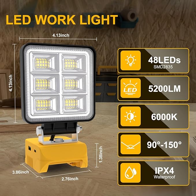 T-SUN Rechargeable LED Work Light, Portable Work Light Compatible with Dewalt 20V Battery, Cordless Flashlight Flood Light 52W 5200LM with USB &Type C Charger Port for Workshop, Garage Repair (1 Pack)