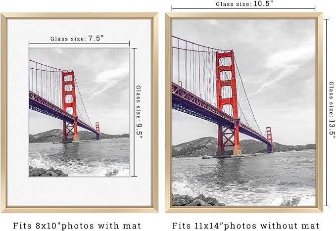 Frametory, 11x14 Metal Picture Frame with Mat for 8x10 Picture & Real Glass, Aluminum Photo Frame Collection (Gold, 1 Pack)