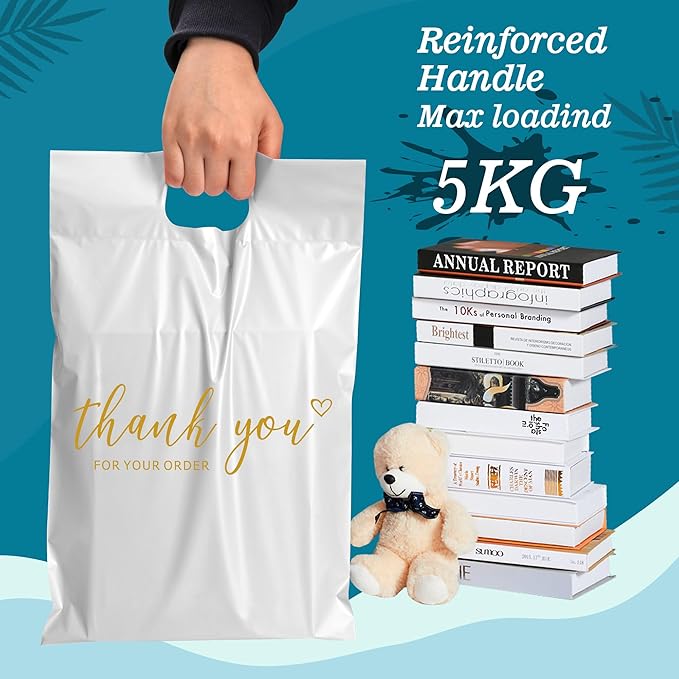 JinRuiKJ Poly Mailers with Handle 14.5x19 Inch 50 Pcs, Easy to Carry Packaging Bags for Small Business, Thank You Shipping Bags with Self Adhesive Strip, Tearproof and Waterproof - White
