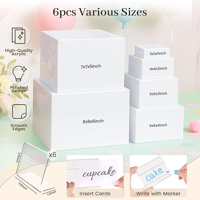 DomeStar 6PCS Buffet Risers and Stands Set, White Plastic Food Risers for Dessert Table Party Display - Cupcake, Cake, Fruit, Wedding Catering and Event Decoration