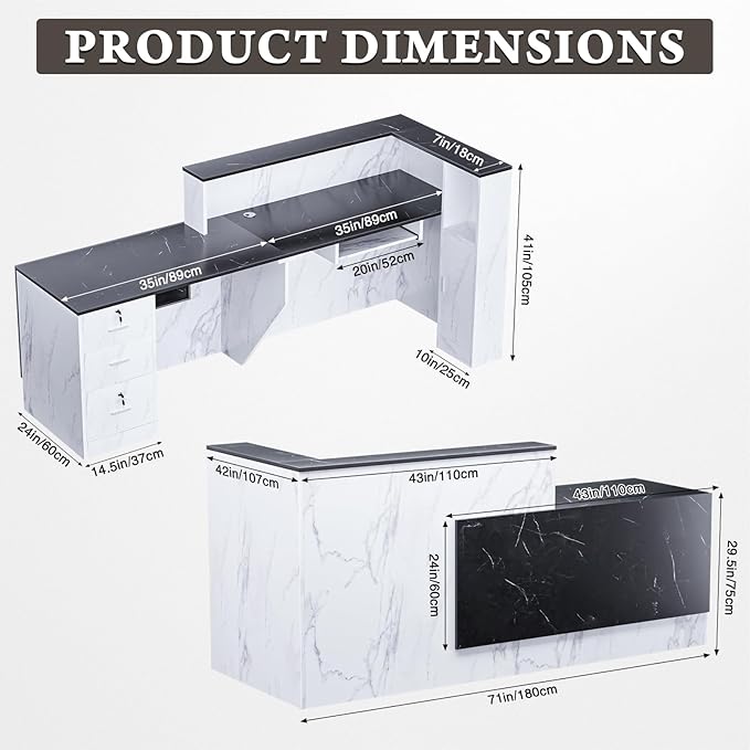 R-Shaped Modern Reception Desk with Counter & Storage - 71"/84" Large Office Front Desk, Salon Checkout Counter with Lockable Cabinets, Shelves & Drawers (Black & White, Right - 71''L x 34''W x 41''H)