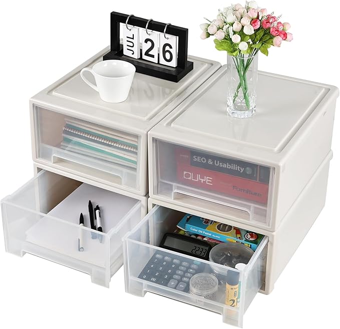 18 Qt. Plastic Desktop Organizer with Clear Drawers, 4-Pack, Stacking Drawers Unit for Closet, Office, Bathroom