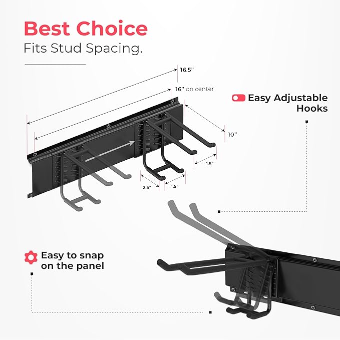 TIDYME Garage Wall Organizer | 48" Heavy-Duty Tool Storage Rack | Adjustable Double-Layer Hooks | 300 lbs Capacity | Carbon Steel Wall Mount Holder for Shovels, Rakes, Ladders & Power Tools